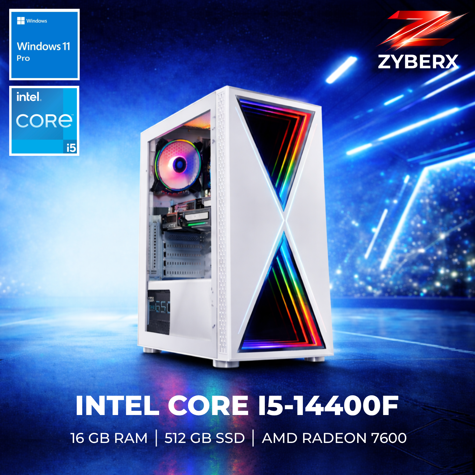 Zyberx - Gaming PC mit Intel® Core™ i5 i5-14400F Prozessor, AMD Radeon RX 7600, 16 GB RAM,  512 GB SSD, Windows 11  | Weiß
