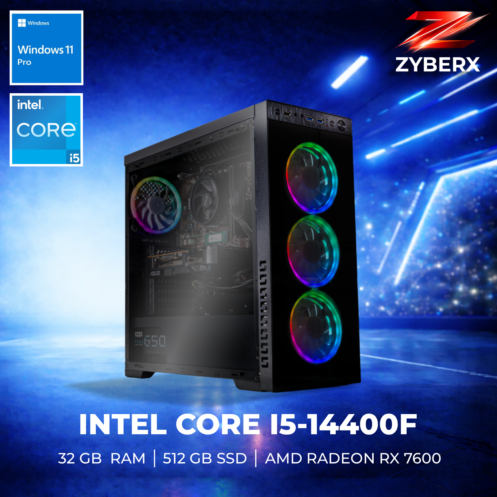 Zyberx - Gaming PC mit Intel® Core™ i5 i5-14400F Prozessor, AMD Radeon RX 7600, 32 GB RAM,  512 GB SSD, Windows 11  | Schwarz
