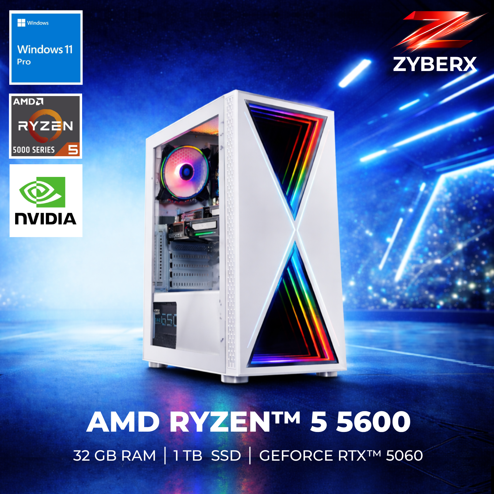 Zyberx Gaming PC mit AMD Ryzen™ 5 5600 Prozessor, 32 GB RAM, 1 TB SSD, GeForce RTX™ 5060 8G VENTUS 2X, Windows 11 | Weiss