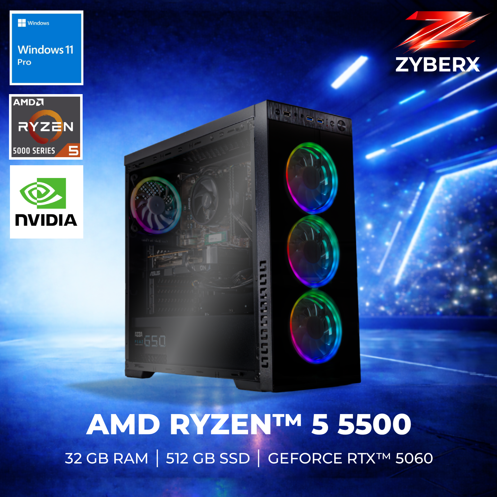Zyberx Gaming PC mit AMD Ryzen™ 5 5500 Prozessor, 32 GB RAM, 512 GB SSD, GeForce RTX™ 5060 8G VENTUS 2X, Windows 11 | Schwarz
