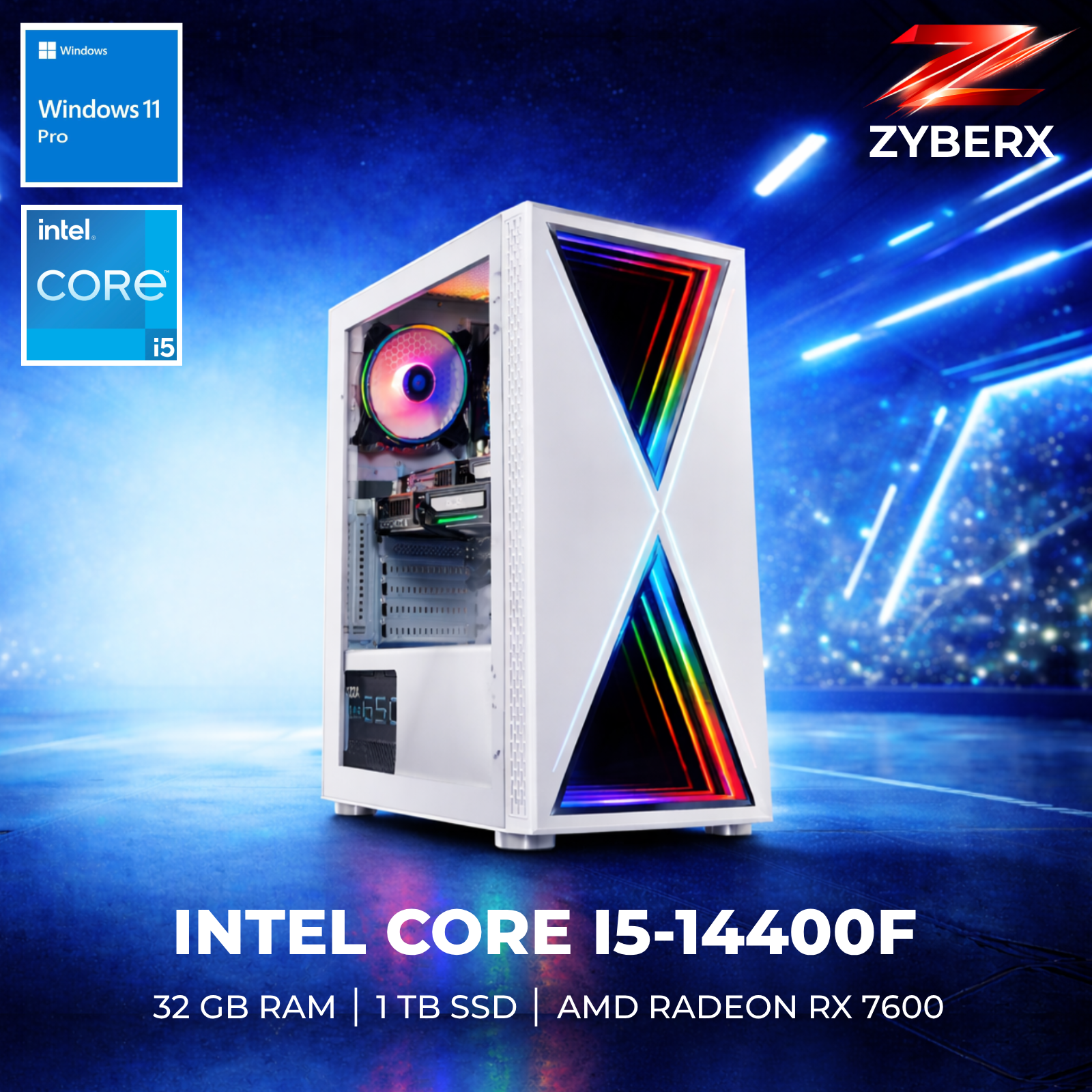 Zyberx - Gaming PC mit Intel® Core™ i5 i5-14400F Prozessor, AMD Radeon RX 7600 , 32 GB RAM,  1 TB SSD, Windows 11  | Weiß