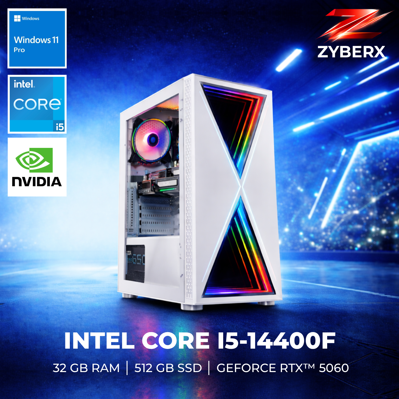 Zyberx - Gaming PC mit Intel® Core™ i5 i5-14400F Prozessor, GeForce RTX™ 5060, 32 GB RAM,  512 GB SSD, Windows 11  | Weiß