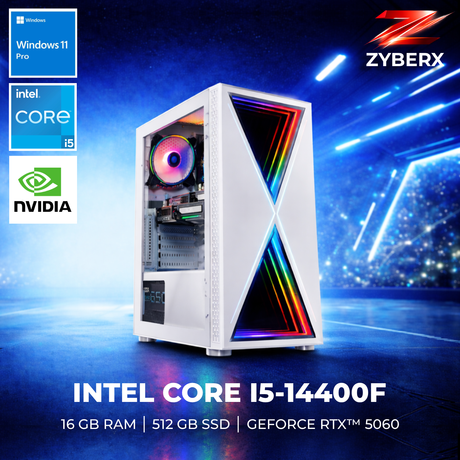 Zyberx - Gaming PC mit Intel® Core™ i5 i5-14400F Prozessor, GeForce RTX™ 5060, 16 GB RAM,  512 GB SSD, Windows 11  | Weiß