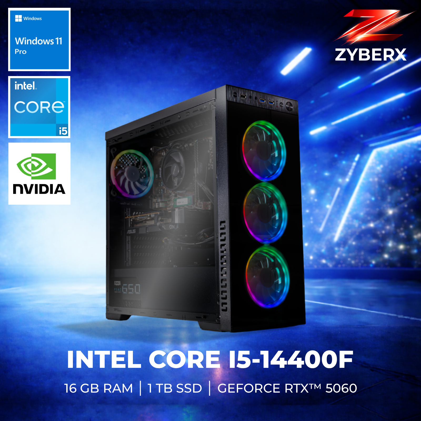 Zyberx - Gaming PC mit Intel® Core™ i5 i5-14400F Prozessor, GeForce RTX™ 5060, 16 GB RAM,  1 TB SSD, Windows 11  | Schwarz
