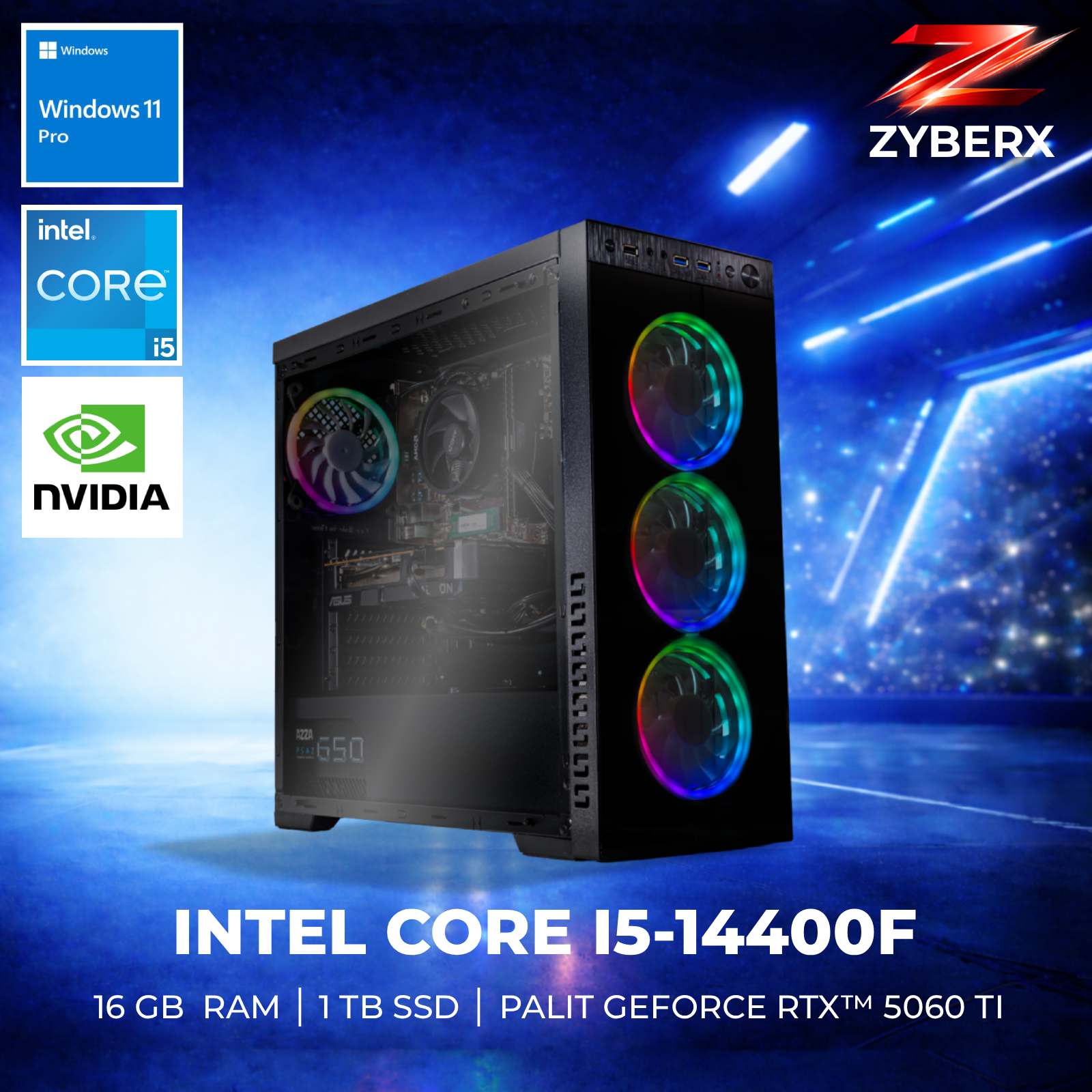 Zyberx - Gaming PC mit Intel® Core™ i5 i5-14400F Prozessor, Palit GeForce RTX™ 5060 Ti , 16 GB RAM,  1 TB SSD, Windows 11  | Schwarz