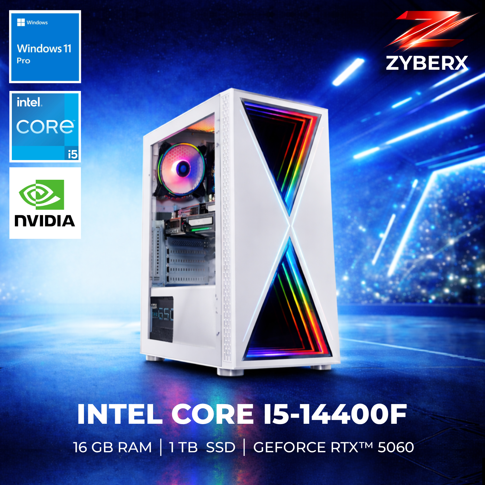 Zyberx - Gaming PC mit Intel® Core™ i5 i5-14400F Prozessor, GeForce RTX™ 5060, 16 GB RAM,  1 TB SSD, Windows 11  | Weiß