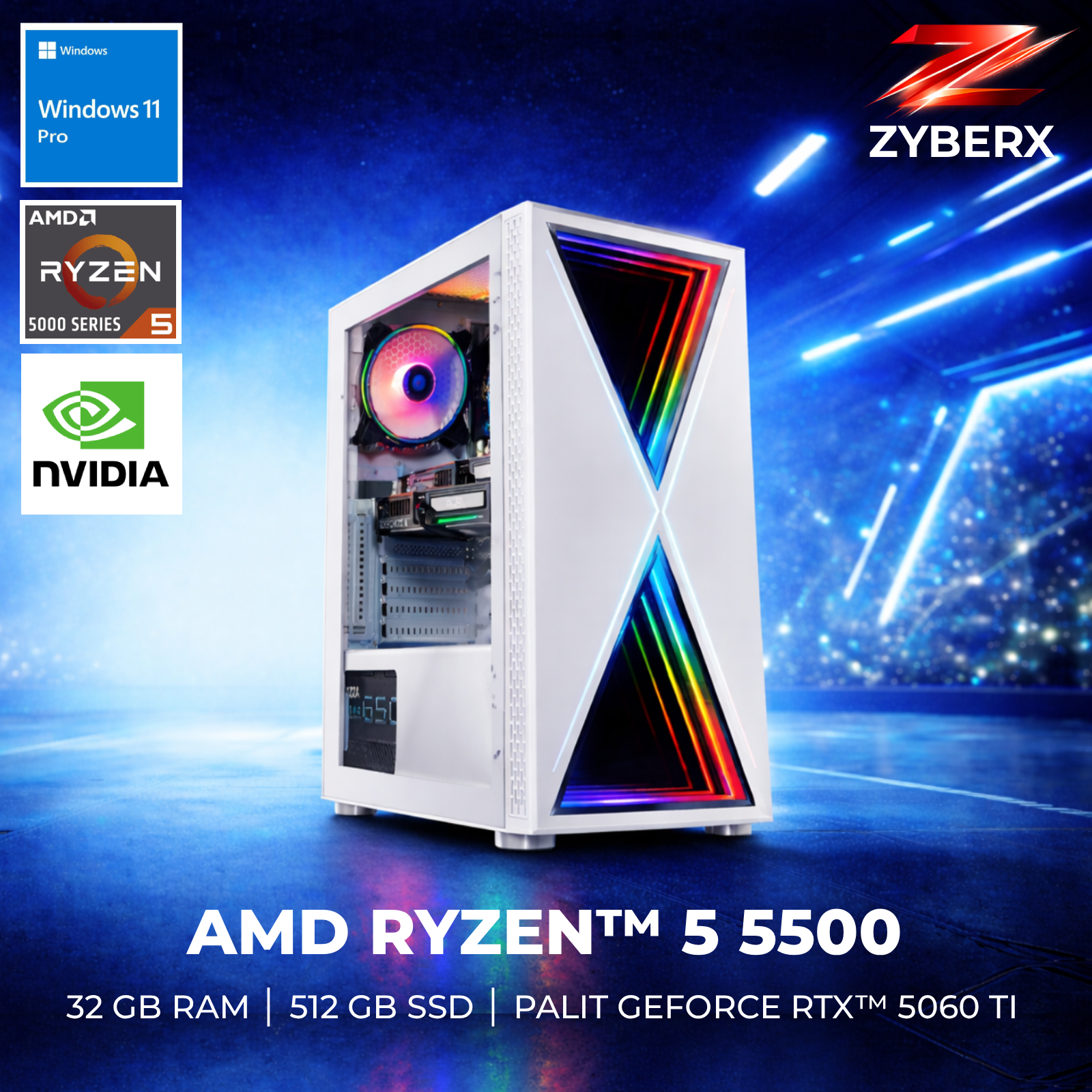 Zyberx Gaming PC mit AMD Ryzen™ 5 5500 Prozessor, 32 GB RAM, 512 GB SSD, Palit GeForce RTX™ 5060 Ti Dual 8GB, Windows 11 | Weiss